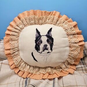 Boston Terrier Needlepoint Pillow Round‎ Ruffles Hand Stitched Cross-stitch 12"